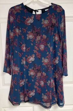 Kimchi Blue Women Dress Medium Blue Pink Floral A Line 3/4 Length Sleeve Lined